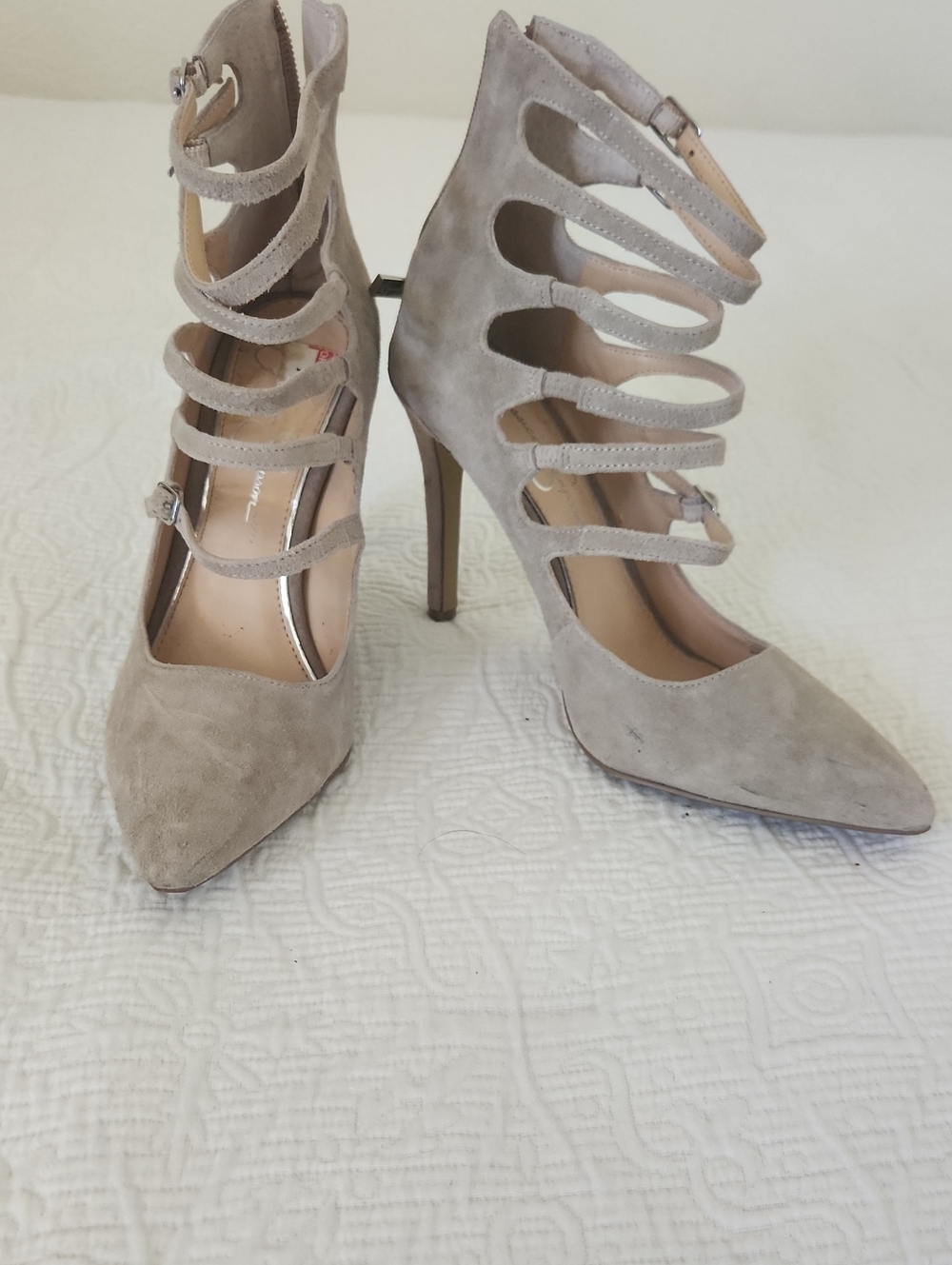 Jessica Simpson Taupe Suede Strappy Pointed-Toe Stiletto Heels